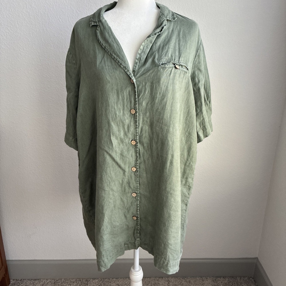 Faherty Womens Paradise Point Linen Shirt Dress Large Olive Army Beach Coastal